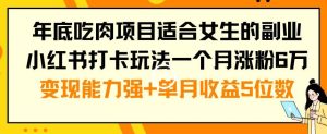 年底吃肉项目适合女生的副业小红书打卡玩法一个月涨粉6万+变现能力强+单月收益5位数【揭秘】-星启会