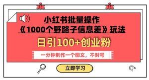 小红书批量操作《1000个野路子信息差》玩法，一分钟制作一个图文，不封号，日引100+创业粉-星启会