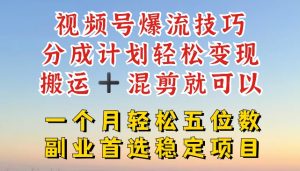 视频号爆流技巧，分成计划轻松变现，搬运 +混剪就可以，一个月轻松五位数稳定项目【揭秘】-星启会